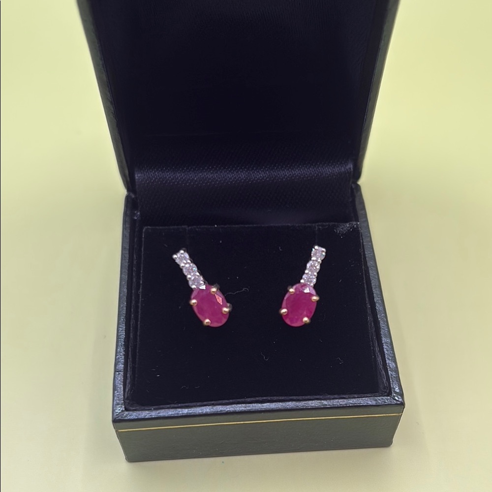 Genuine 14K Gold Ruby and Diamond Stud Earrings - Picture 2 of 10